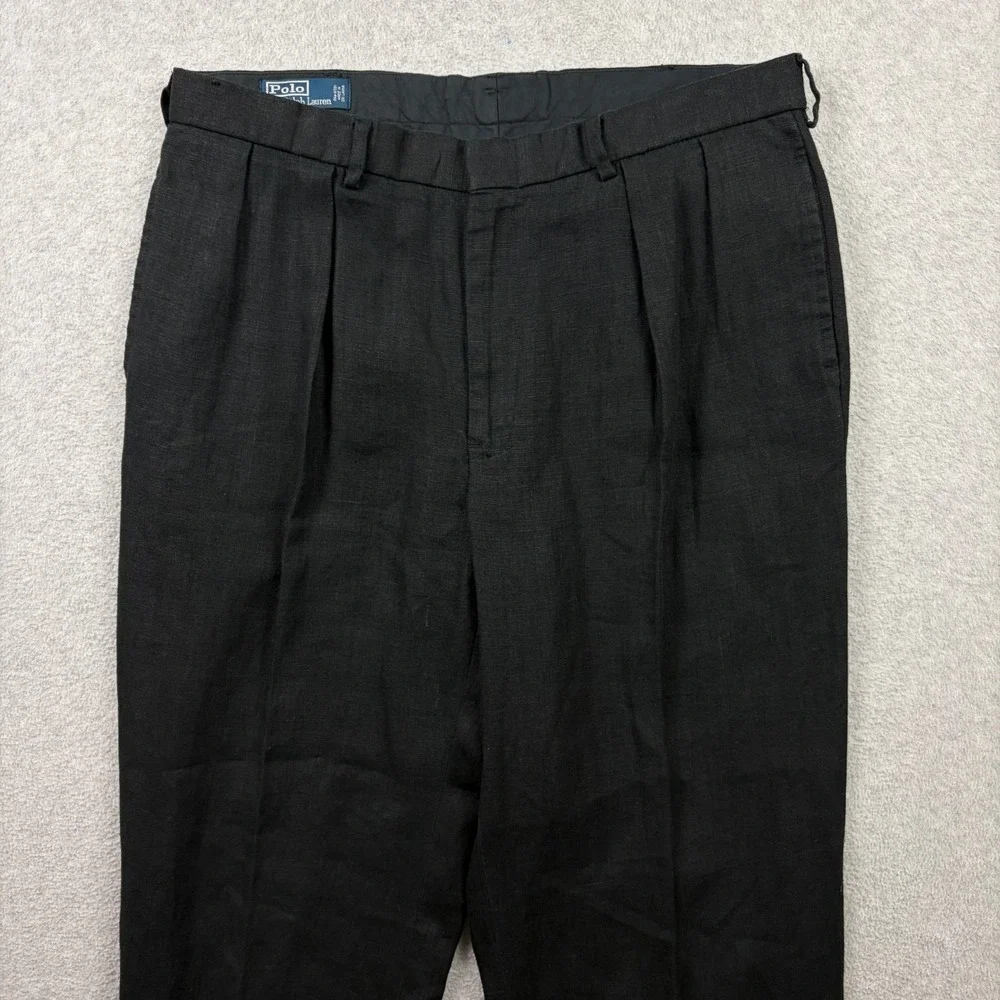 Polo Ralph Lauren Pants Mens 36x34 Black 100% Linen Pleated Cuffed High Rise Vtg